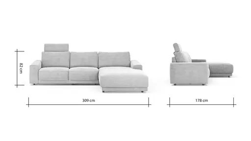 Ecksofa Balok - 2,5-Sitzer mit Longchair groß rechts, inkl. Relaxfunktion (motorisch) und Kopfstütze, Stoff, Eisengrau