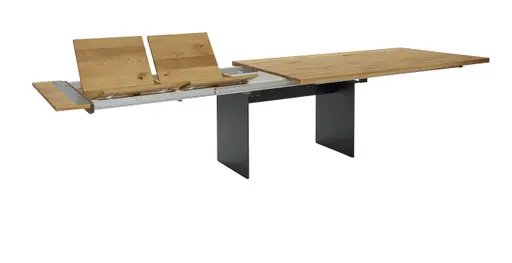 Esstisch 3110 - LB ca. 220x100 cm, ausziehbar,  Asteiche massiv, Geölt, Wange Rohstahl, Schwarz