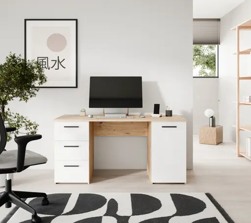 Schreibtisch FEENA- LB ca. 138x60 cm, Eiche Dekor, Weiß