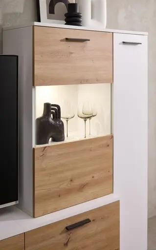 Wohnwand- Weiß, Eiche Dekor