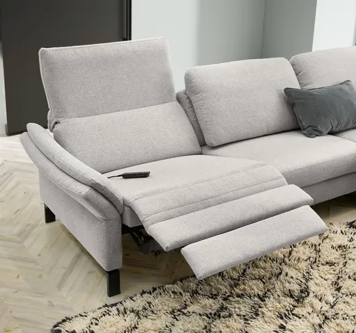 Ecksofa - 3-Sitzer mit Longchair rechts, Relaxfunktion motorisch, Stoff, Hellgrau