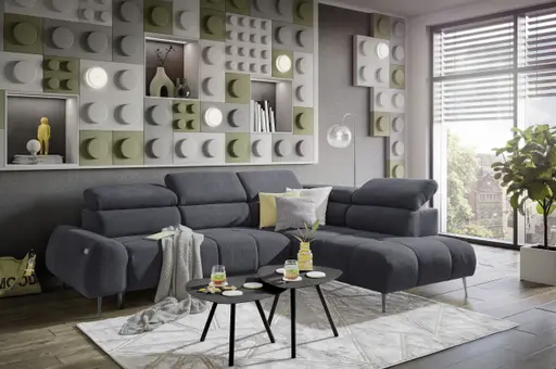 Ecksofa - 2-Sitzer mit Ecke rechts, Sitzvorzug motorisch, Kopfteil verstellbar, Stoff, Graphit