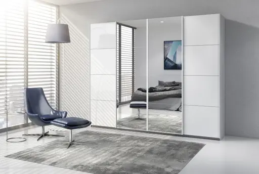 Schwebetürenschrank RIKK- B ca. 271 cm, Weiß, Weiß Hochglanz, Spiegel