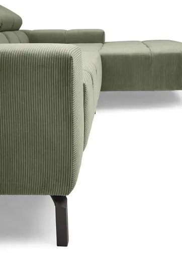 Ecksofa CLIVIA -  2-Sitzer mit Longchair rechts, Sitzvorzug motorisch, Kopfteil verstellbar, Feincord, Olive