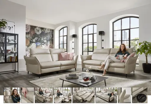 Sofa - 2,5-Sitzer, Kopfteil verstellbar, Leder, Creme