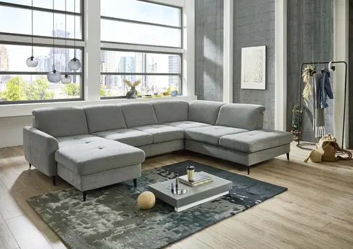 Wohnlandschaft - Longchair links mit 2,5-Sitzer und Ecke rechts, Sitztiefe verstellbar, Stoff, Grau