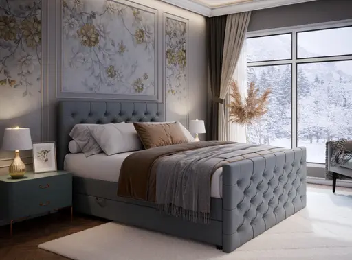 Boxspringbett SANDRIN E- Liegefläche ca. 200x200 cm, Stoff, Graublau, inkl. Stauraum und Fußteil