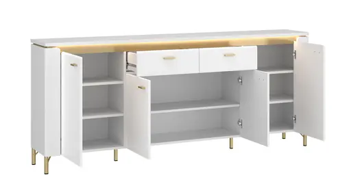 Sideboard - mit Beleuchtung, Alpinweiß, Goldfarben, Weiß Hochglanz