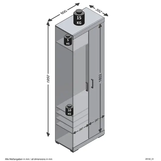 Garderobenschrank- B ca. 60 cm, Grau, Eiche Dekor