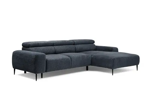 Ecksofa - 2-Sitzer mit Longchair rechts, Sitzvorzug motorisch, Kopfteil verstellbar, Stoff, Blau