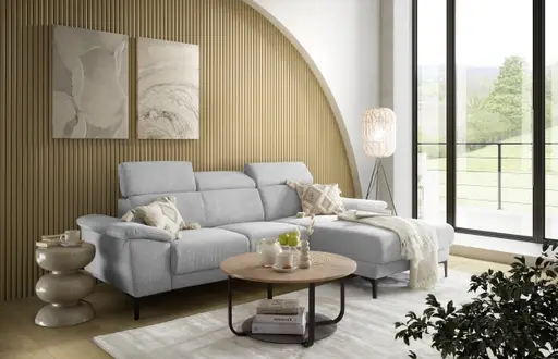 Ecksofa EZRA - 2-Sitzer, Ecke rechts inkl. Kopfteilverstellungen, Stoff, Hellgrau