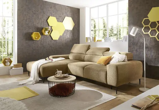 Ecksofa - Longchair links mit 2-Sitzer, Sitzvorzug motorisch, Kopfteil verstellbar, Stoff, Senfgelb