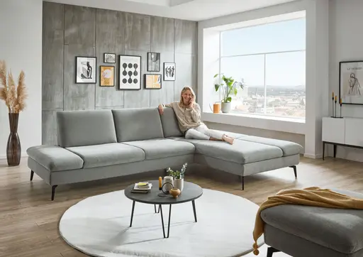 Ecksofa - 3-Sitzer mit Longchair rechts, Armlehne verstellbar, Stoff, Silbergrau