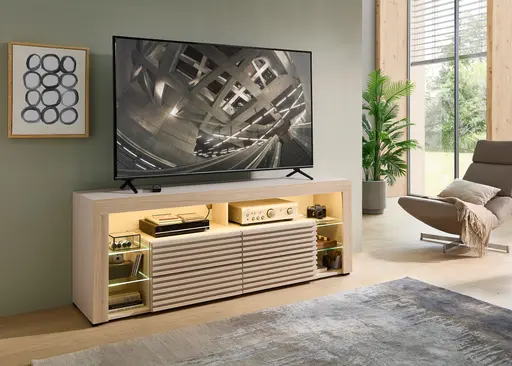 TV-Lowboard - mit Beleuchtung, B ca. 179 cm, Kaschmir, Riva Eiche Nachbildung