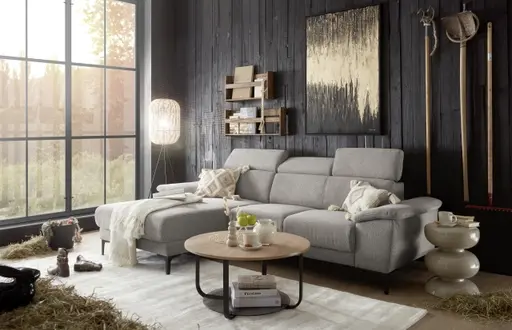 Ecksofa EZRA - Ecke links, 2-Sitzer inkl. Kopfteilverstellungen, Sitzvorzug, Relaxfunktion, Stoff, Taupe