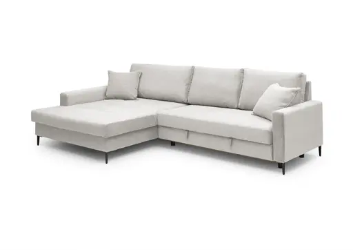 Ecksofa - Longchair links mit 3-Sitzer, Schlaffunktion mit Bettkasten, Stoff, Creme