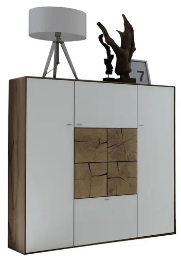 Highboard - Kerneiche massiv, Mattglas, Weiß mit Hirnholzscheiben