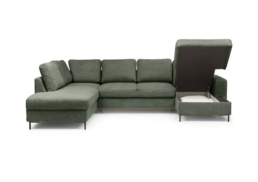 Wohnlandschaft - Ecke links mit 2-Sitzer und Longchair rechts, Stoff, Dunkelgrün