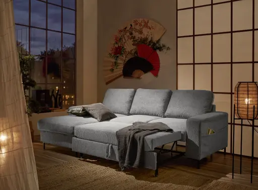 Ecksofa - Longchair links mit 2-Sitzer, Stoff, Grau
