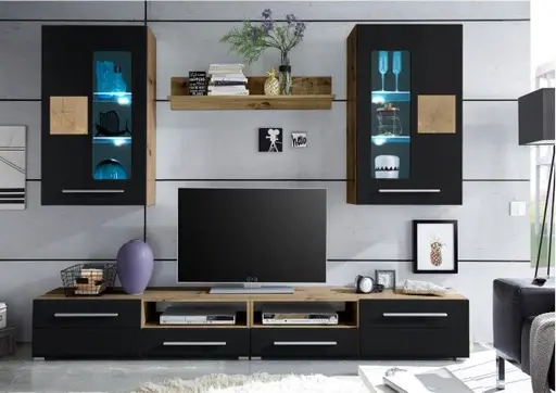 Wohnwand - mit Beleuchtung, Eiche Dekor, Schwarz