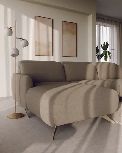 Ecksofa Arona - Longchair mit 2-Sitzer rechts inkl. 3x Kopfteil verstellbar, Stoff, Grau