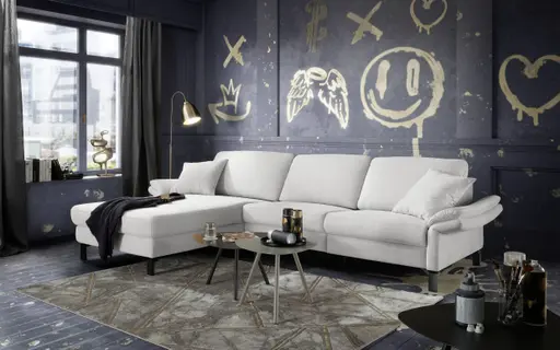 Ecksofa CALM PREMIUM 2.0 - Longchair links mit 3-Sitzer, Relaxfunktion motorisch, Armlehne verstellbar, Stoff, Hellgrau