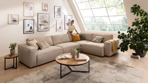 Ecksofa Lilaia - 3-Sitzer XL links, Ecke mit 1,5-Sitzer XL Tief, Stoff, Kaschmir