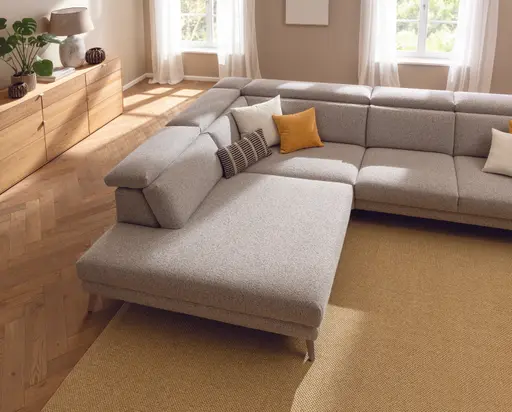 Ecksofa Braska - Loungecke links mit 2,5-Sitzer rechts, inkl. Sitzauszug (motorisch) und Kopfstütze, Stoff, Kaschmir
