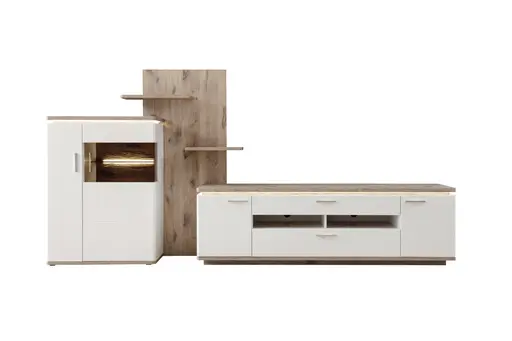 Wohnwand mit Beleuchtung - Weiß, Absetzung Eiche