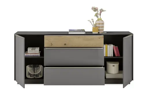 Sideboard - mit Beleuchtung, B ca. 214 cm, Anthrazit, Eiche massiv
