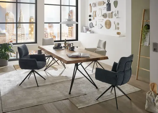 Esstisch - LB ca. 220x100 cm, Wildeiche massiv geölt, Baumkante, Schwarz