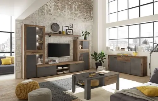 Wohnwand- Grau, Holzdekor