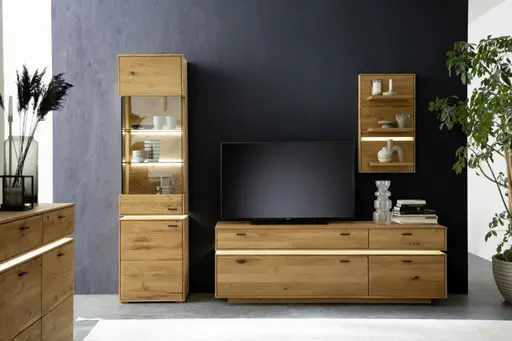 Wohnwand - mit Beleuchtung, Wildeiche massiv