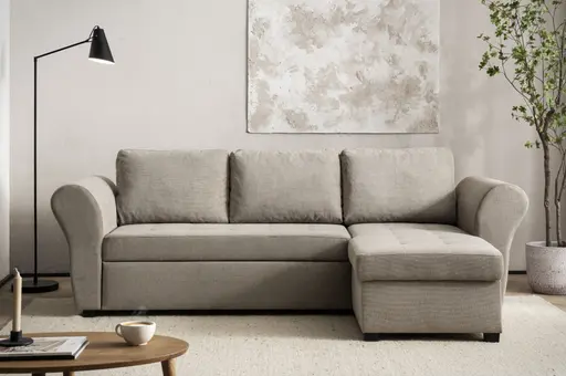 Ecksofa - 2-Sitzer mit Longchair rechts inkl. Schlaffunktion mit Bettkasten, Stoff, Trüffel