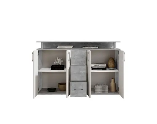 Highboard - B ca. 139 cm, Betonoptik, Weiß