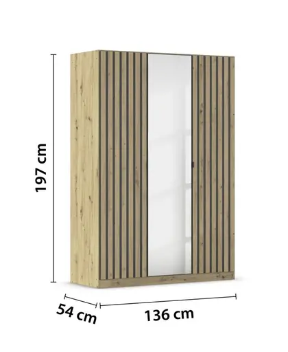 Drehtürenschrank RUERTO- B ca. 136 cm, Eiche Dekor, Dunkelgrau, Paneel, Eiche Dekor, Spiegel