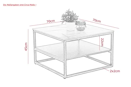 Couchtisch - LB ca. 70x70 cm, Marmoroptik grau matt, Schwarz
