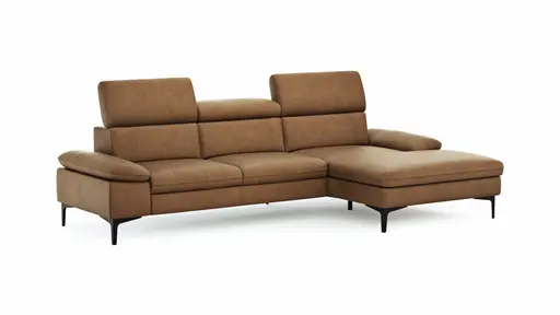 Ecksofa Felipa - 2,5-Sitzer mit Longchair rechts inkl. Kopfteil verstellbar, Leder, Cognac