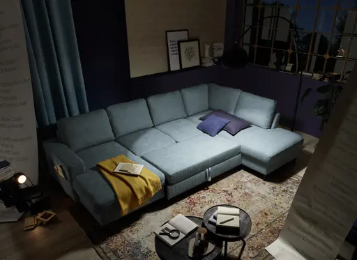 Wohnlandschaft - Longchair links mit 2-Sitzer und Ecke rechts, Stoff, Azur