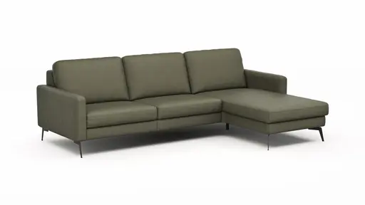 Ecksofa Enna - 3-Sitzer mit Longchair rechts, Armlehne A, Leder, Olive