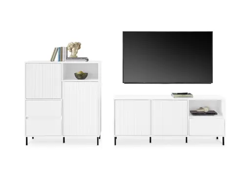 TV-Lowboard - B ca. 158 cm, Weiß, Weiß Hochglanz