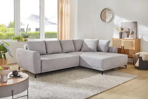 Ecksofa JACEK - 3-Sitzer, Ecke rechts inkl. Schlaffunktion mit Bettkasten, Stoff, Grau