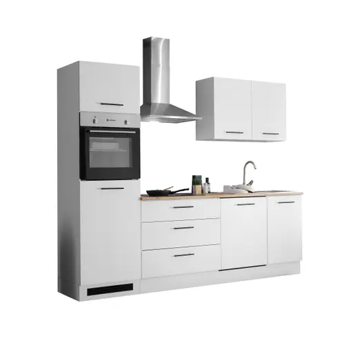 Küchenblock- inkl. E-Geräte, B ca. 260 cm, Weiß Matt, Eiche Dekor