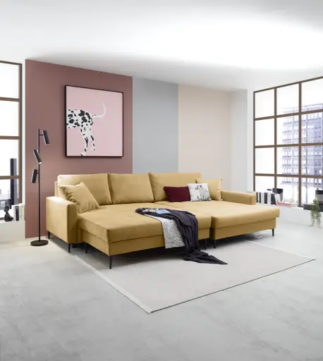 Ecksofa - 3-Sitzer mit Longchair rechts, Schlaffunktion mit Bettkasten, Stoff, Senfgelb