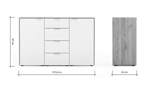 Kommode Colorado Beimöbel - BHT ca. 138x87x43 cm, Glas weiß mit Eiche furniert