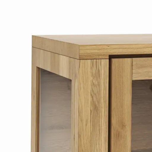 Vitrine Bakersfield - sichtbare Rückwand und Schublade geschroppt, Asteiche massiv, geölt