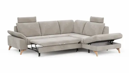 Ecksofa Tulsa KS - 2,5-Sitzer, Spitzecke und 1,5-Sitzer mit Anstellhocker aufklappbar rechts, inkl. Kopfstütze, AL verstellbar und Schlaffunktion, Stoff, Graubeige