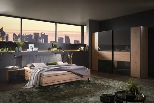 Schwebetürenschrank 2-türig EM Avola - B. ca. 298 cm, Dekor Eiche, Anthrazitglas