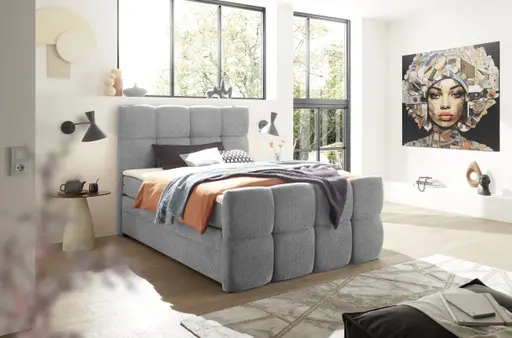 Boxspringbett SANDRIN R- Liegefläche ca. 140x200 cm, Stoff, Hellgrau, inkl. Stauraum und Fußteil