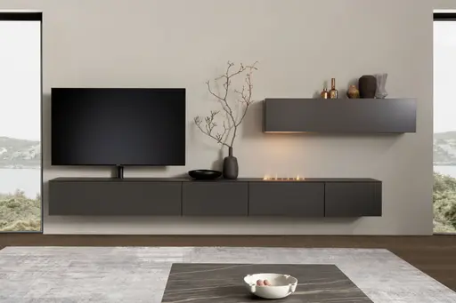 Wohnwand 3900 - inklusive Kamin und TV-Halterung, Lack, Schiefergrau